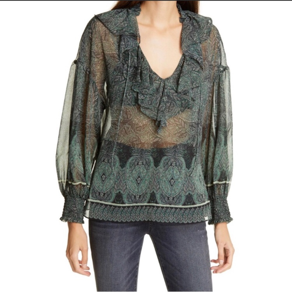 Alice + Olivia Sheer Dark Green Paisley Print Balloon Sleeve Blouse Like New XS